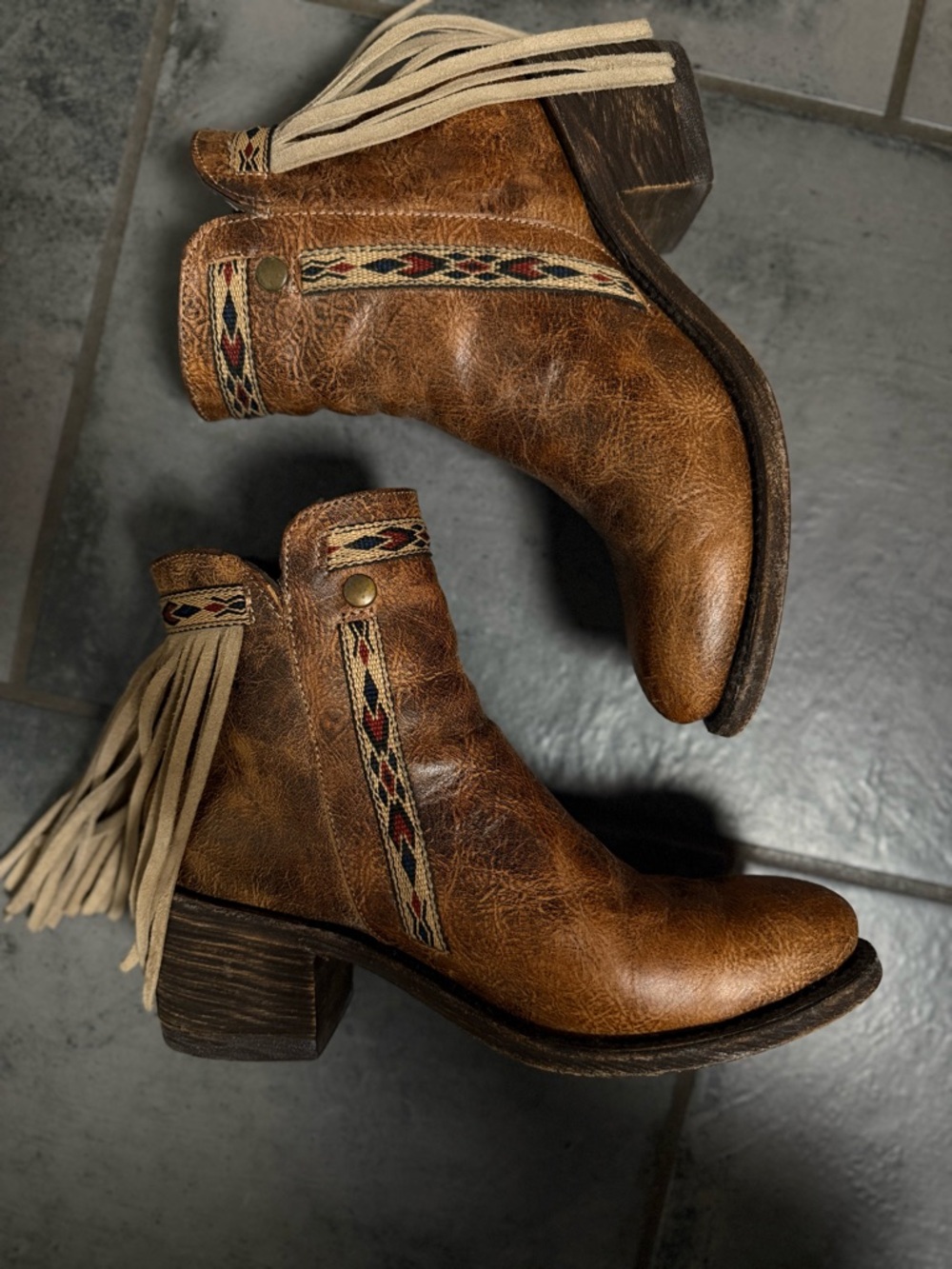 Fringe-Trim Brown Leather Ankle Booties with Southwestern Ribbon Detail